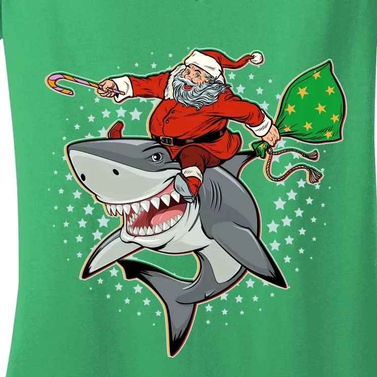 Funny Christmas Santa Riding Shark Women's V-Neck T-Shirt