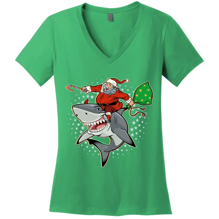 Funny Christmas Santa Riding Shark Women's V-Neck T-Shirt