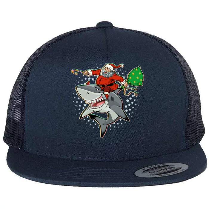 Funny Christmas Santa Riding Shark Flat Bill Trucker Hat