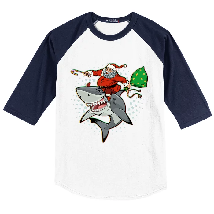 Funny Christmas Santa Riding Shark Baseball Sleeve Shirt