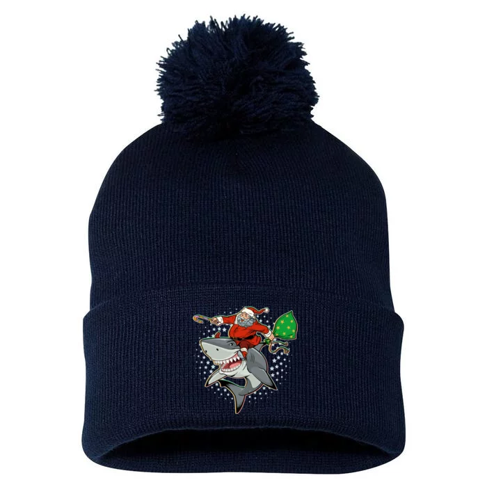 Funny Christmas Santa Riding Shark Pom Pom 12in Knit Beanie