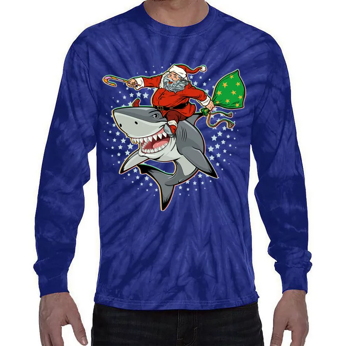 Funny Christmas Santa Riding Shark Tie-Dye Long Sleeve Shirt