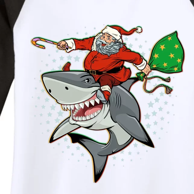 Funny Christmas Santa Riding Shark Women's Tri-Blend 3/4-Sleeve Raglan Shirt