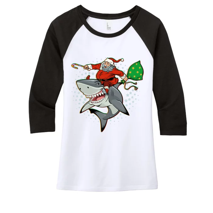 Funny Christmas Santa Riding Shark Women's Tri-Blend 3/4-Sleeve Raglan Shirt