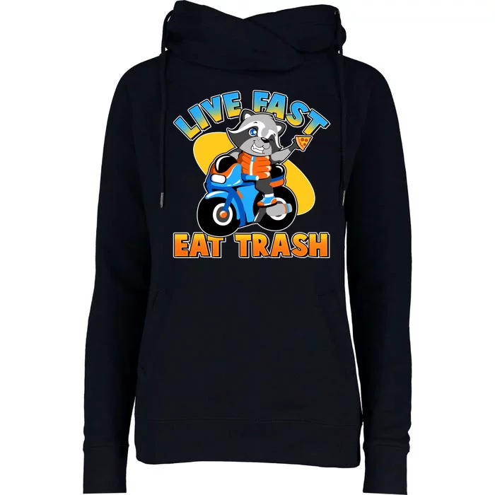 Funny Cute Live Fast Eat Trash Motorcycle Raccoon Womens Funnel Neck Pullover Hood