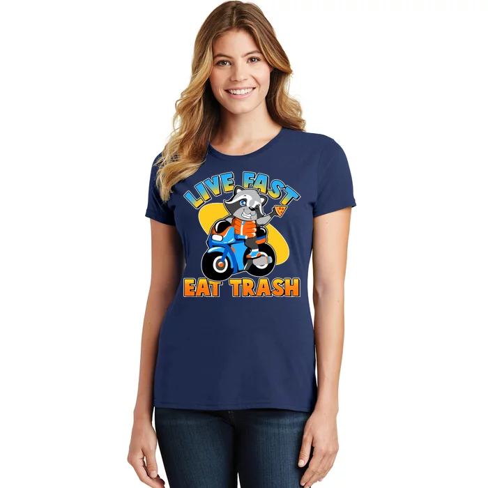 Funny Cute Live Fast Eat Trash Motorcycle Raccoon Women's T-Shirt