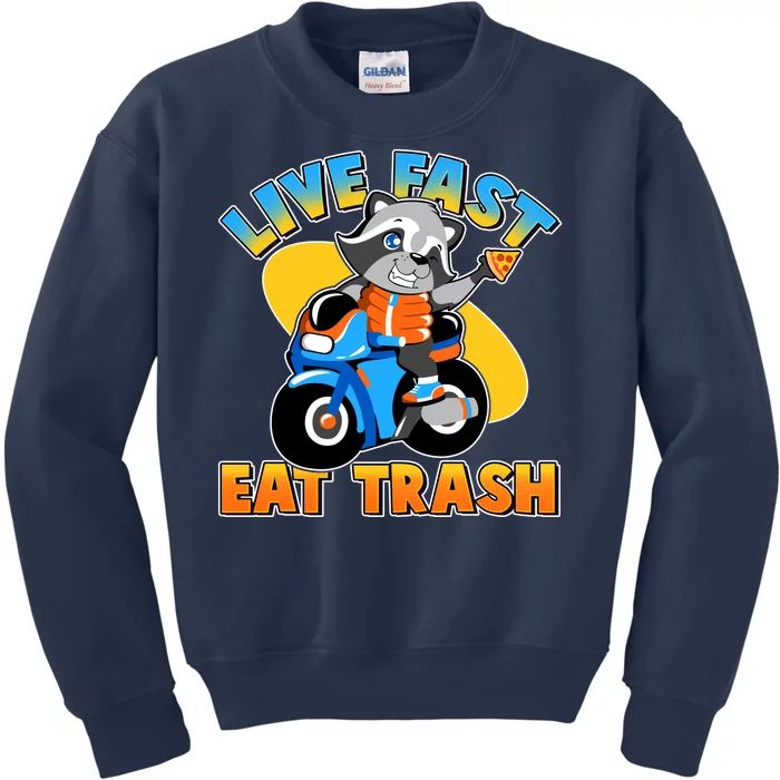 Funny Cute Live Fast Eat Trash Motorcycle Raccoon Kids Sweatshirt