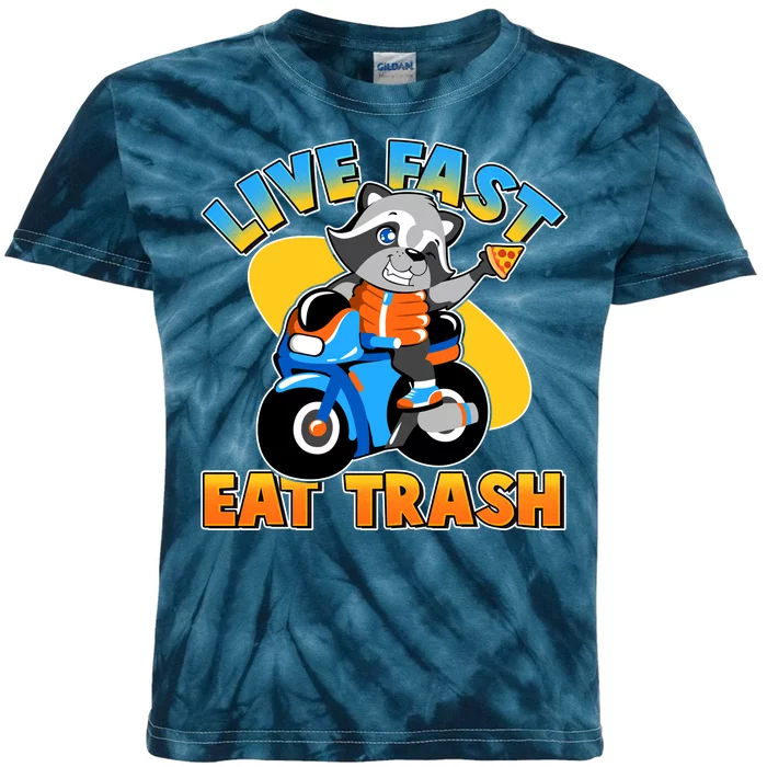 Funny Cute Live Fast Eat Trash Motorcycle Raccoon Kids Tie-Dye T-Shirt