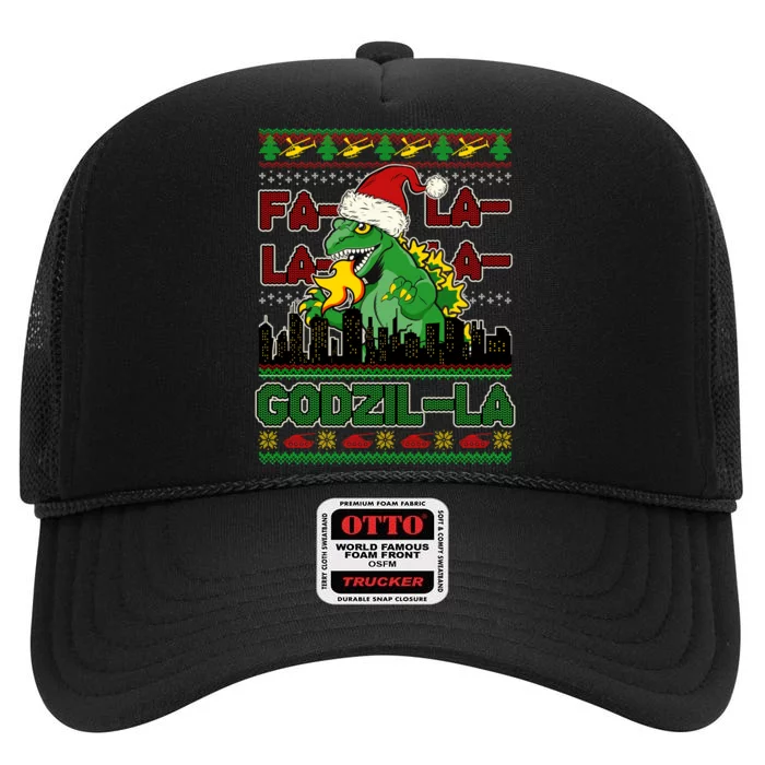 Funny Fa La La La Godzil-La Ugly Christmas Sweater High Crown Mesh Trucker Hat