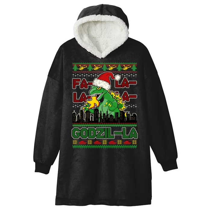 Funny Fa La La La Godzil-La Ugly Christmas Sweater Hooded Wearable Blanket