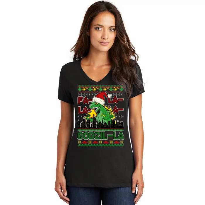 Funny Fa La La La Godzil-La Ugly Christmas Sweater Women's V-Neck T-Shirt