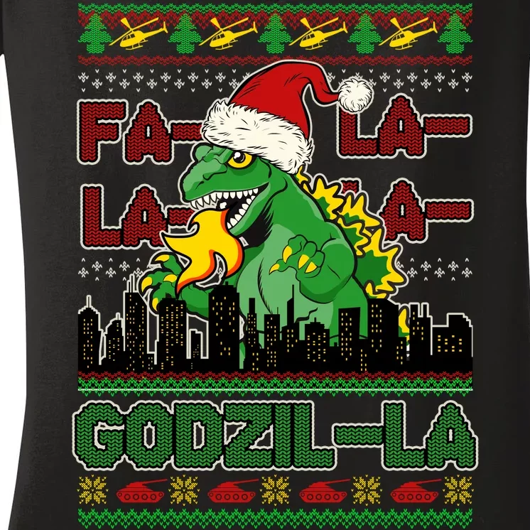 Funny Fa La La La Godzil-La Ugly Christmas Sweater Women's V-Neck T-Shirt