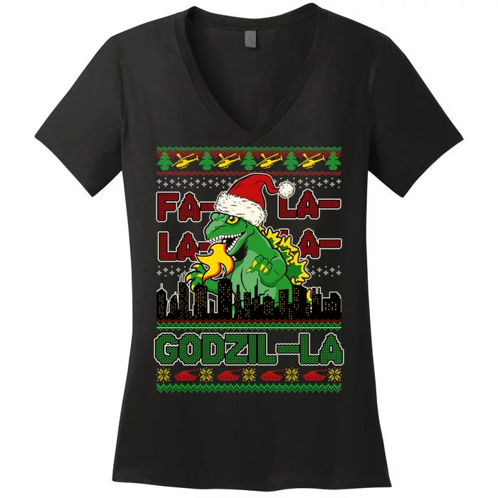 Funny Fa La La La Godzil-La Ugly Christmas Sweater Women's V-Neck T-Shirt