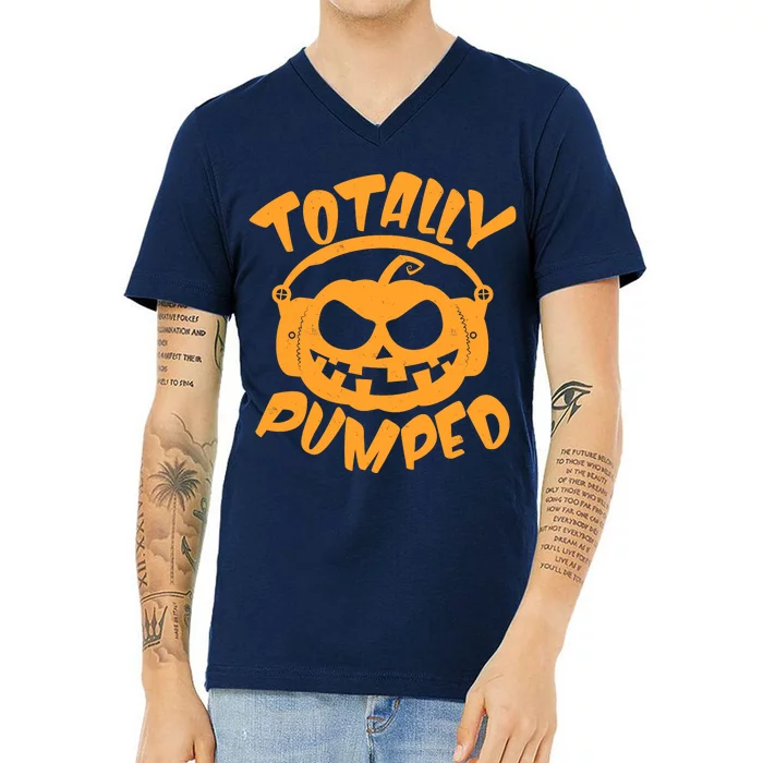 Funny Halloween Totally Pumped Headphones Pumpkin V-Neck T-Shirt