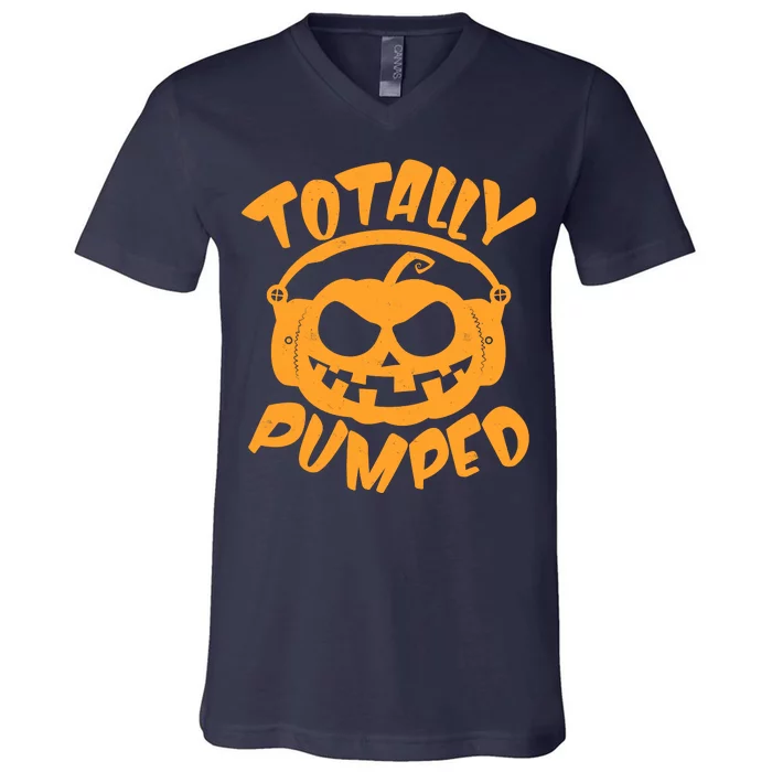 Funny Halloween Totally Pumped Headphones Pumpkin V-Neck T-Shirt