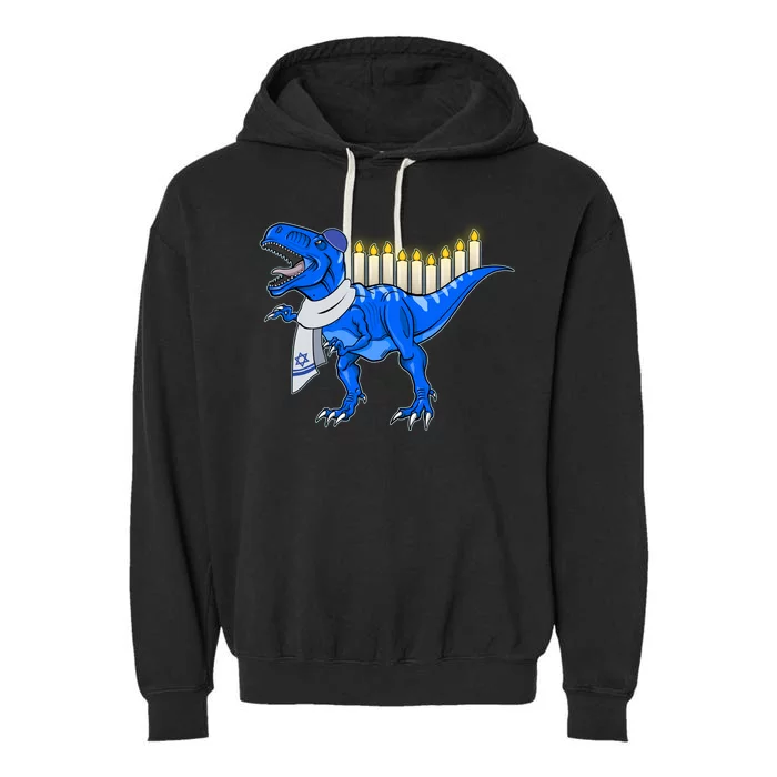 Funny Hanukah Menorasaurus T-Rex Dinosaur Garment-Dyed Fleece Hoodie