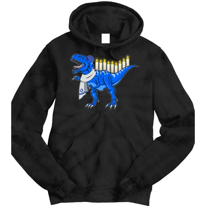 Funny Hanukah Menorasaurus T-Rex Dinosaur Tie Dye Hoodie