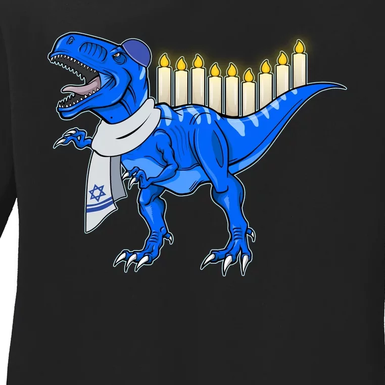 Funny Hanukah Menorasaurus T-Rex Dinosaur Ladies Long Sleeve Shirt