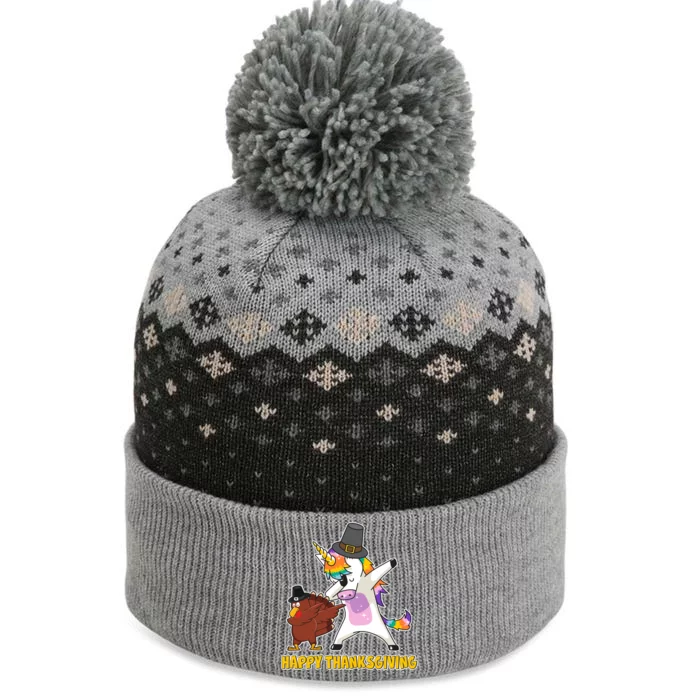 Funny Happy Thanksgiving Dabbing Turkey and Unicorn The Baniff Cuffed Pom Beanie