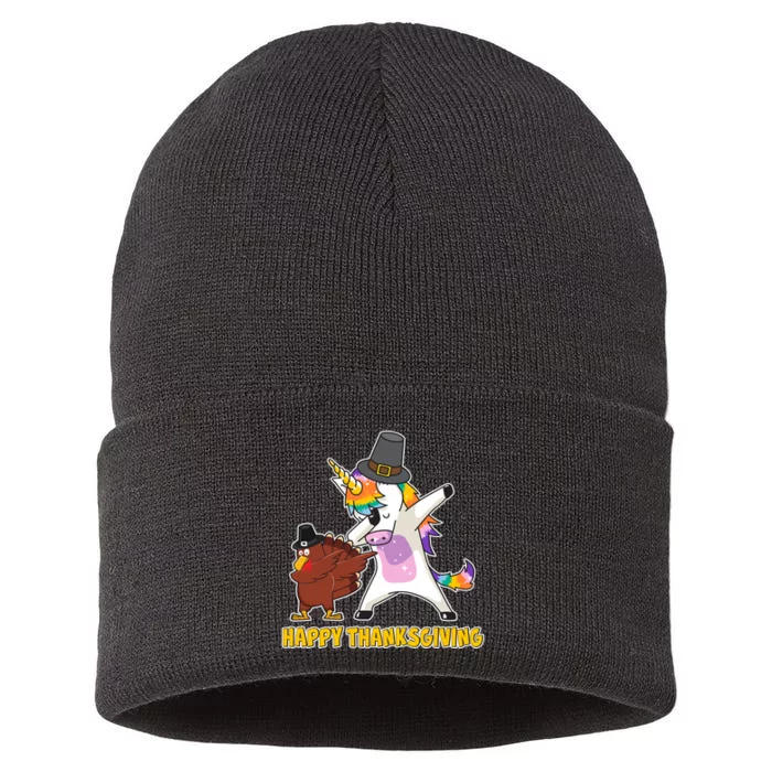 Funny Happy Thanksgiving Dabbing Turkey and Unicorn Sustainable Knit Beanie