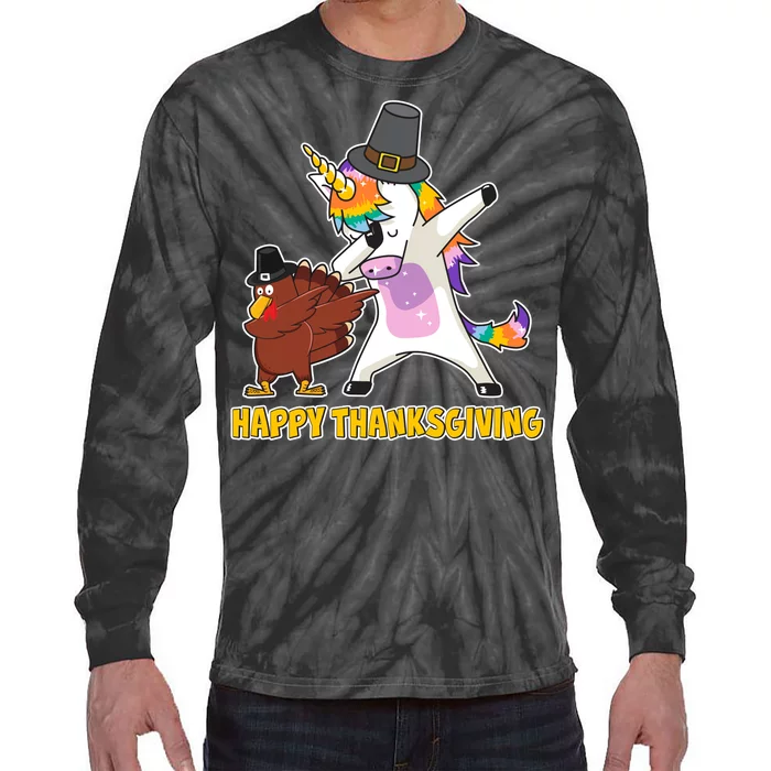 Funny Happy Thanksgiving Dabbing Turkey and Unicorn Tie-Dye Long Sleeve Shirt