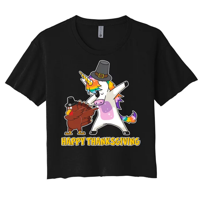 Funny Happy Thanksgiving Dabbing Turkey and Unicorn Women's Crop Top Tee