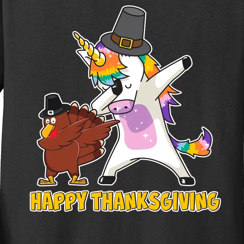 Funny Happy Thanksgiving Dabbing Turkey and Unicorn Kids Long Sleeve Shirt