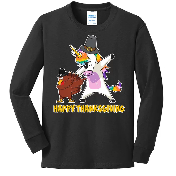 Funny Happy Thanksgiving Dabbing Turkey and Unicorn Kids Long Sleeve Shirt