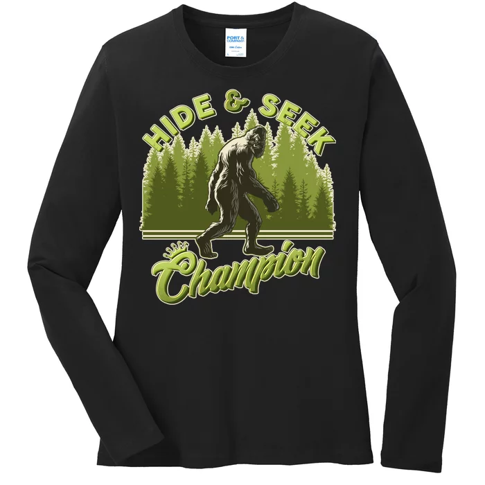 Funny Hide & Seek Champion Big Foot Sasquatch Monster Ladies Long Sleeve Shirt