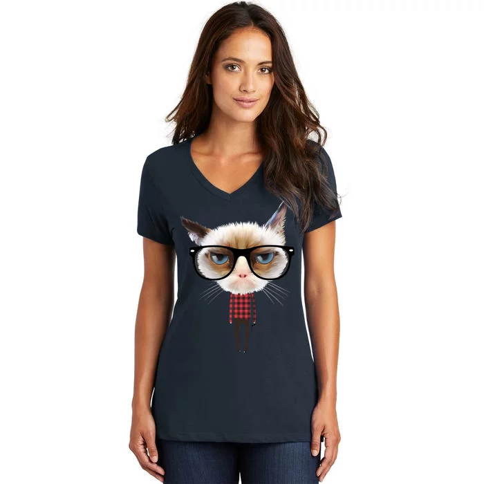 Funny Hipster Cat Women's V-Neck T-Shirt