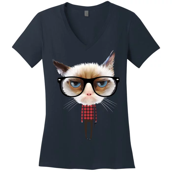 Funny Hipster Cat Women's V-Neck T-Shirt