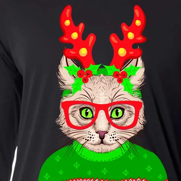 Funny Hipster Christmas Party Cat Cooling Performance Long Sleeve Crew