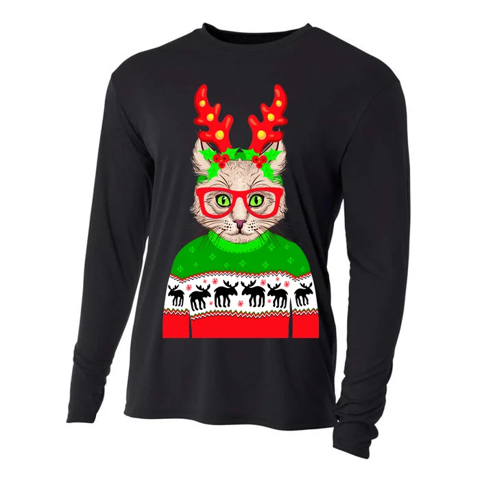 Funny Hipster Christmas Party Cat Cooling Performance Long Sleeve Crew