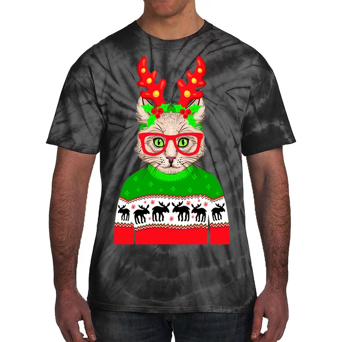 Funny Hipster Christmas Party Cat Tie-Dye T-Shirt