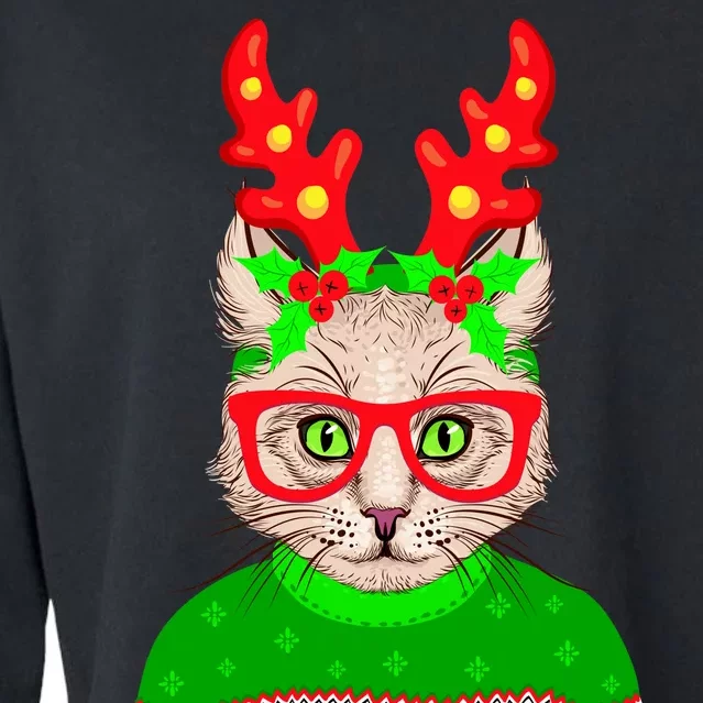 Funny Hipster Christmas Party Cat Cropped Pullover Crew