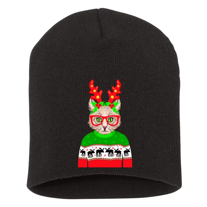 Funny Hipster Christmas Party Cat Short Acrylic Beanie