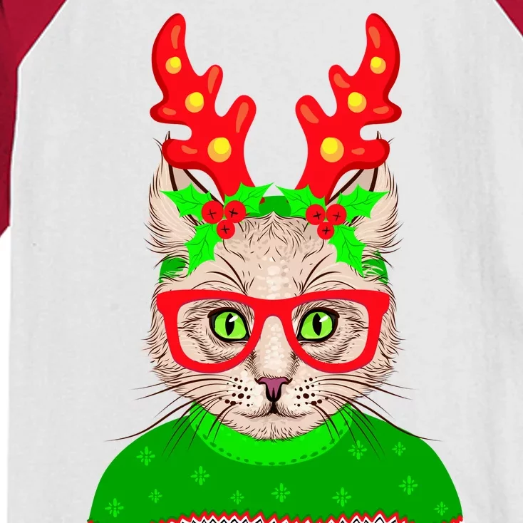 Funny Hipster Christmas Party Cat Kids Colorblock Raglan Jersey