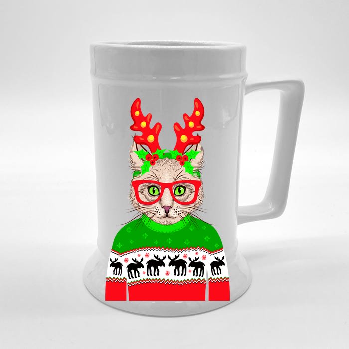 Funny Hipster Christmas Party Cat Front & Back Beer Stein