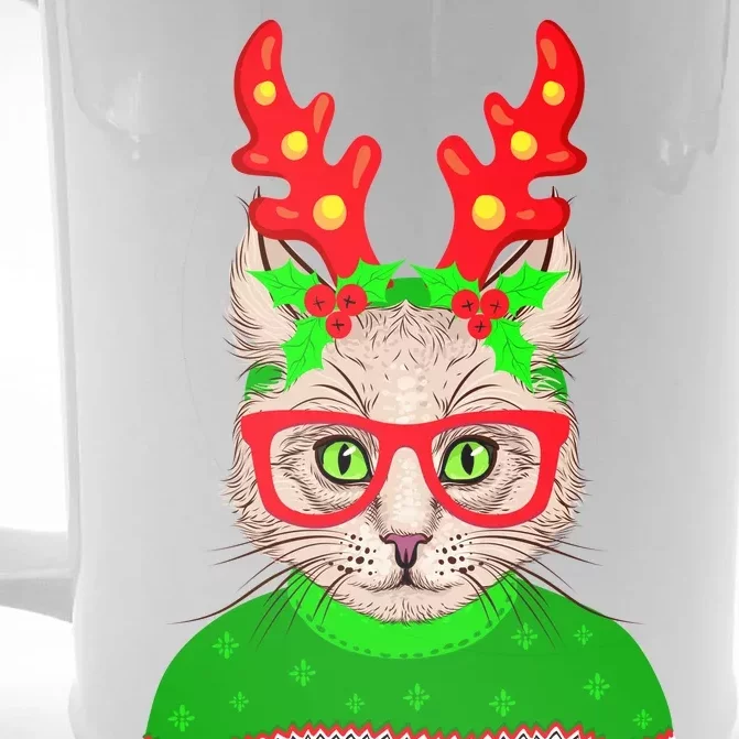 Funny Hipster Christmas Party Cat Front & Back Beer Stein