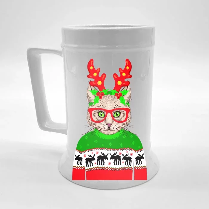 Funny Hipster Christmas Party Cat Front & Back Beer Stein