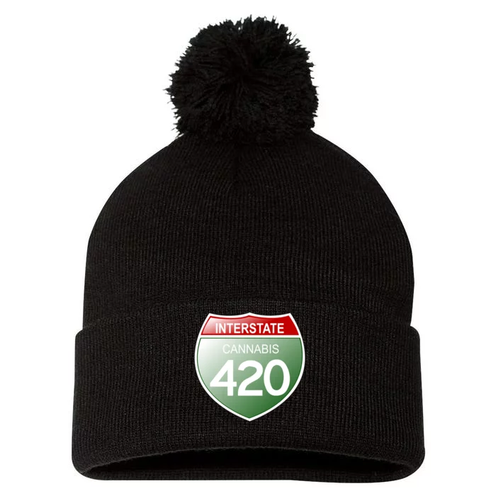 Funny Interstate 420 in the state of Cannabis Marijuana Weed Pom Pom 12in Knit Beanie