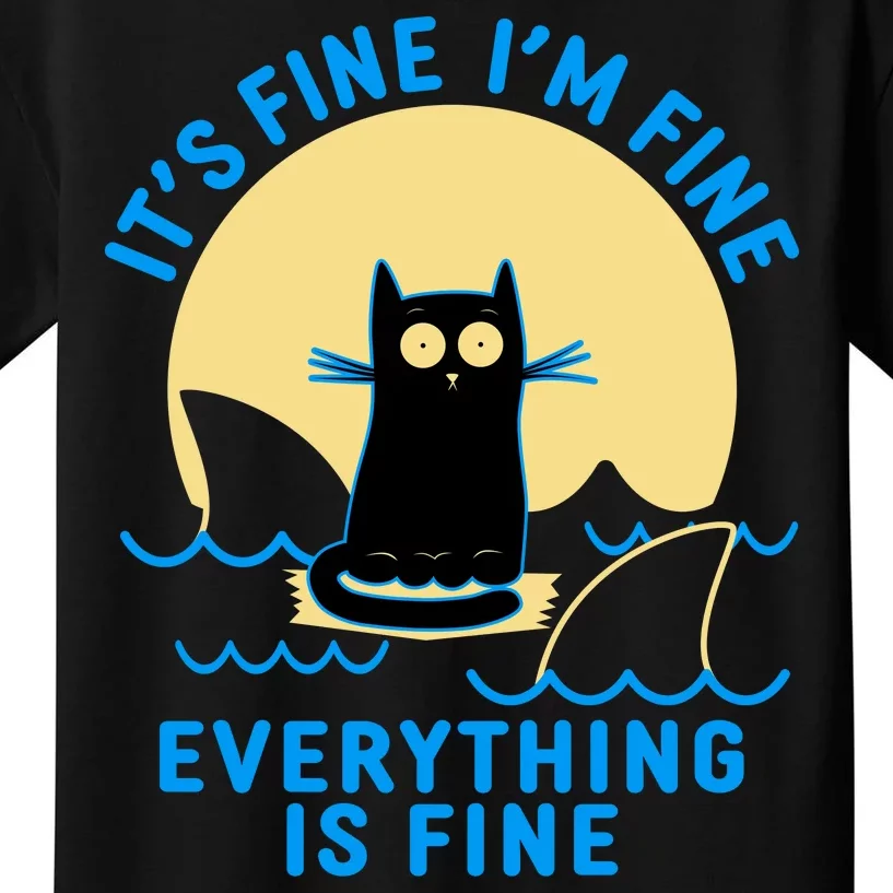 Funny It's Fine I'm Fine Everything Is Fine Shark Cat Kids T-Shirt