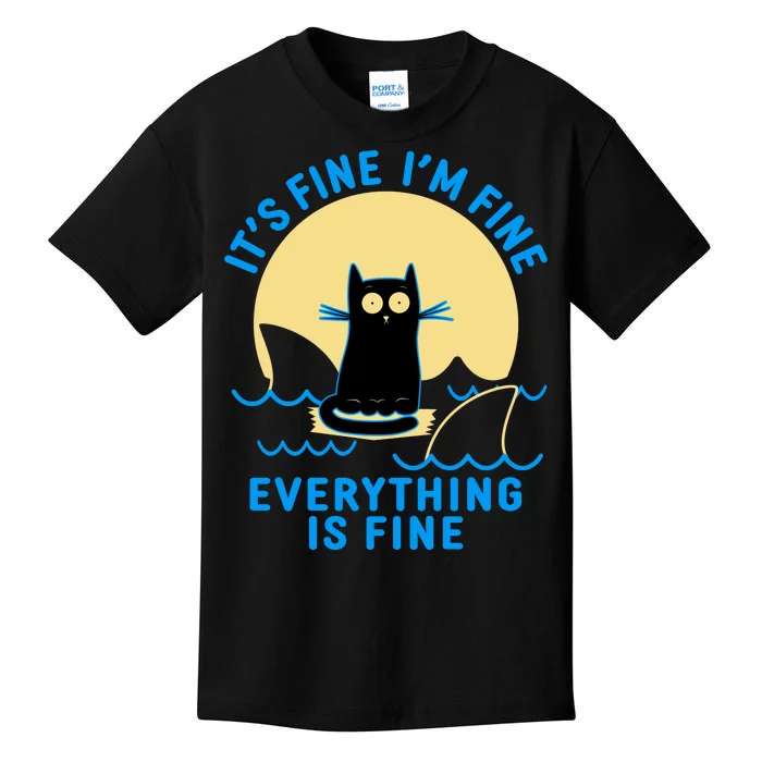 Funny It's Fine I'm Fine Everything Is Fine Shark Cat Kids T-Shirt