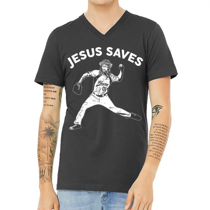 Funny Jesus Saves Baseball V-Neck T-Shirt