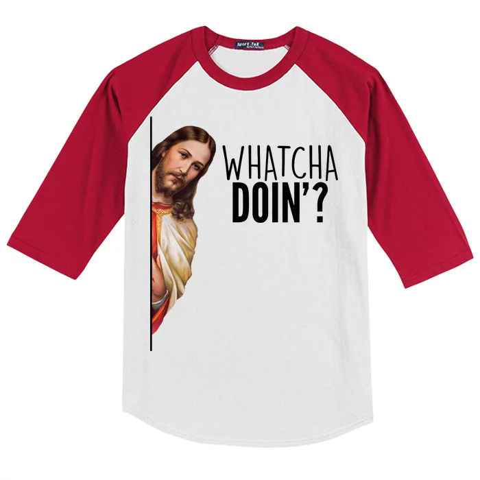 Funny Jesus Whatcha Doin' Kids Colorblock Raglan Jersey