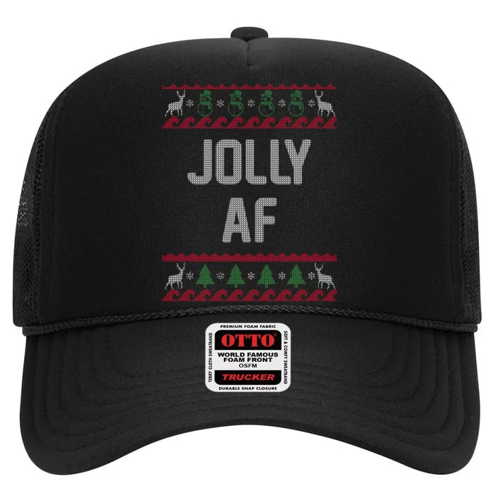 Funny Jolly AF Ugly Christmas Sweater Style High Crown Mesh Trucker Hat