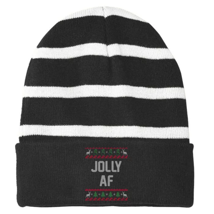 Funny Jolly AF Ugly Christmas Sweater Style Striped Beanie with Solid Band