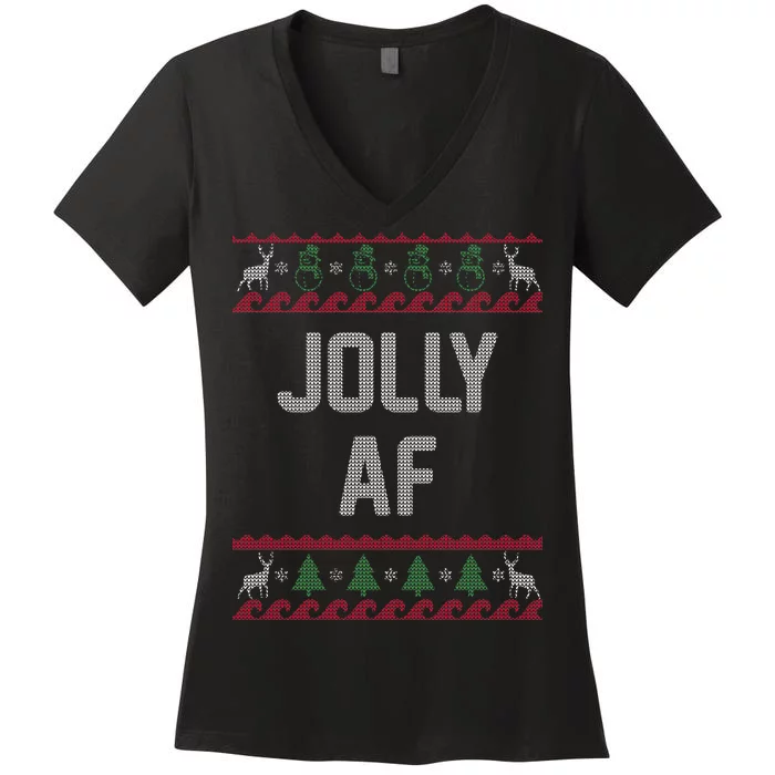 Funny Jolly AF Ugly Christmas Sweater Style Women's V-Neck T-Shirt