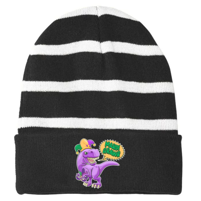 Funny Mardi Grawr T-Rex Dinosaur Striped Beanie with Solid Band