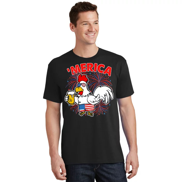 Funny Merica USA Rooster With Beer T-Shirt